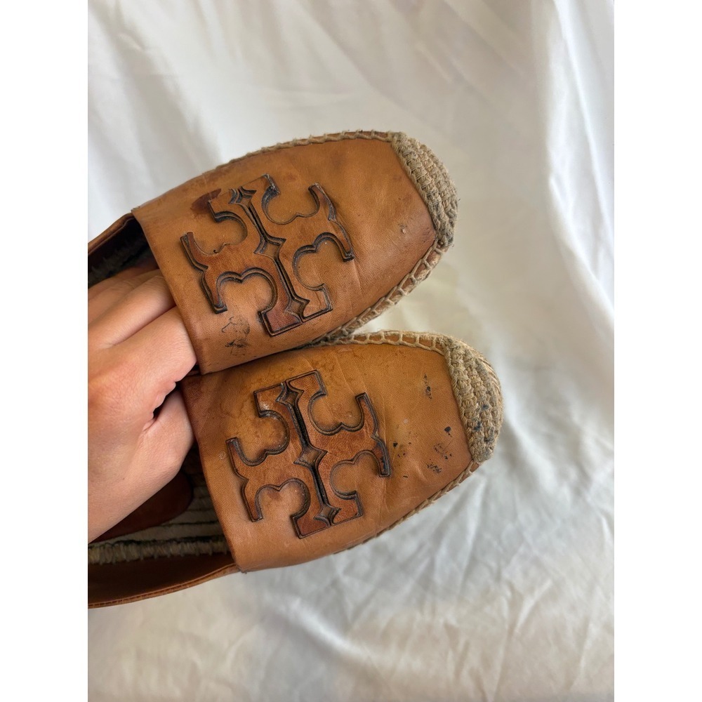 Tory Burch Ines Tan Leather Espadrille Flats Raised Logo 6.5M 12423 123 - Picture 6 of 6